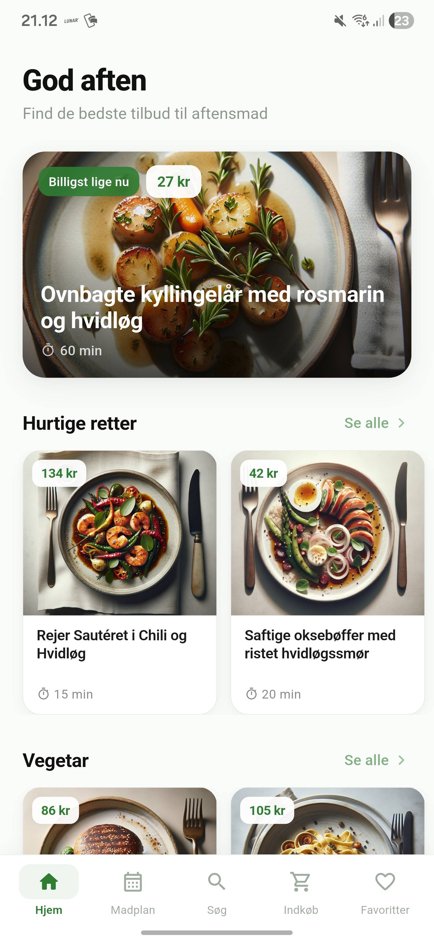 Madplan app – hjemmeskærm med aftensmad og tilbud