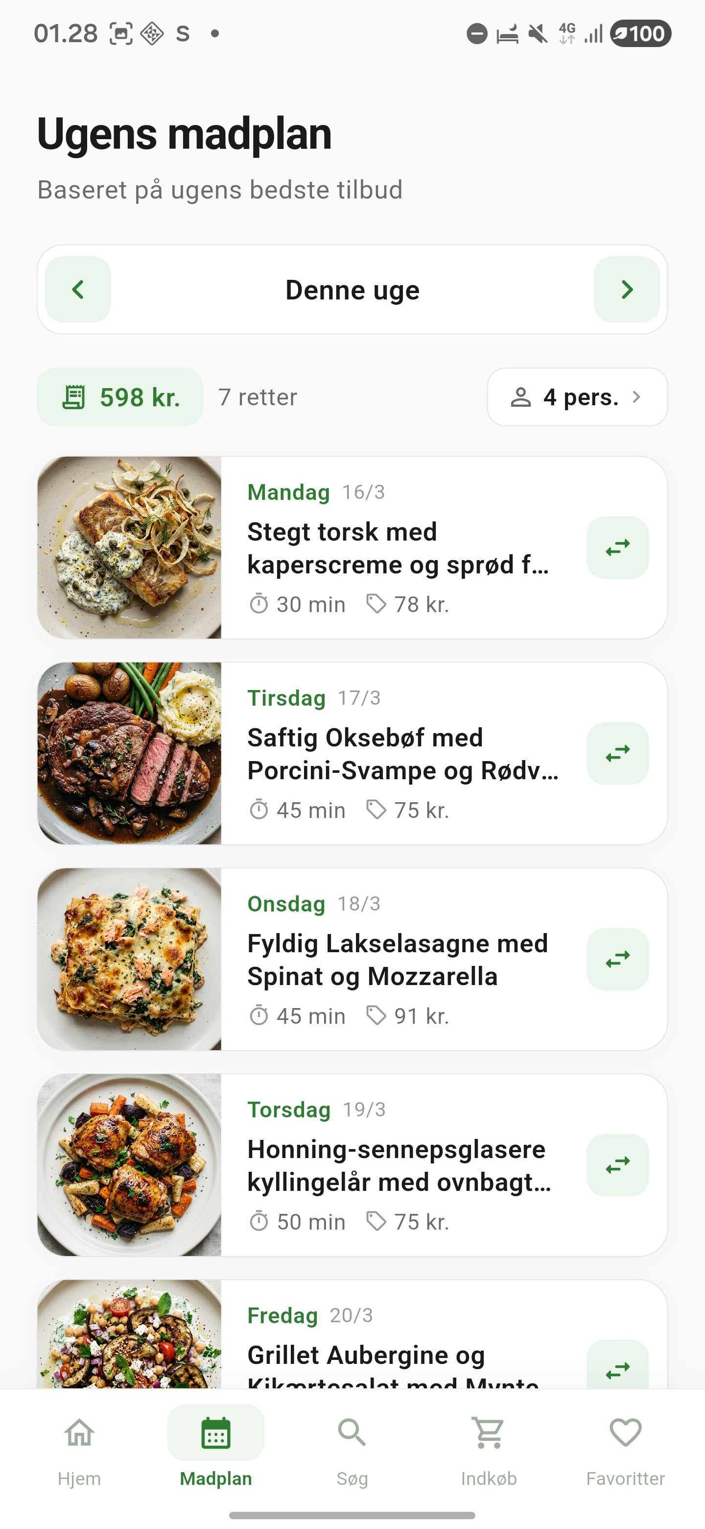 Madplan app – ugeoverblik med 7 dages retter, priser og tilbud
