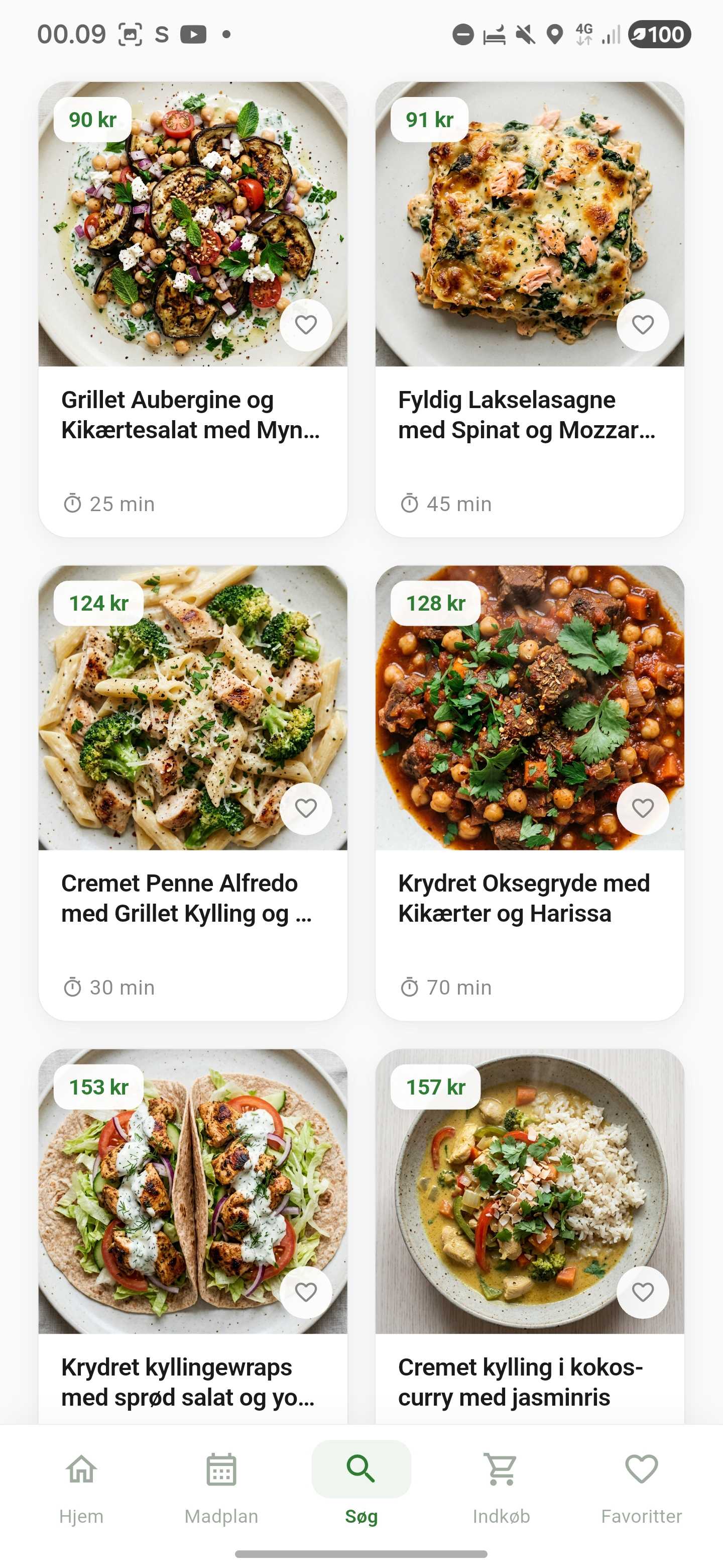 Madplan app – søgeskærm med opskrifter, filtre og priser